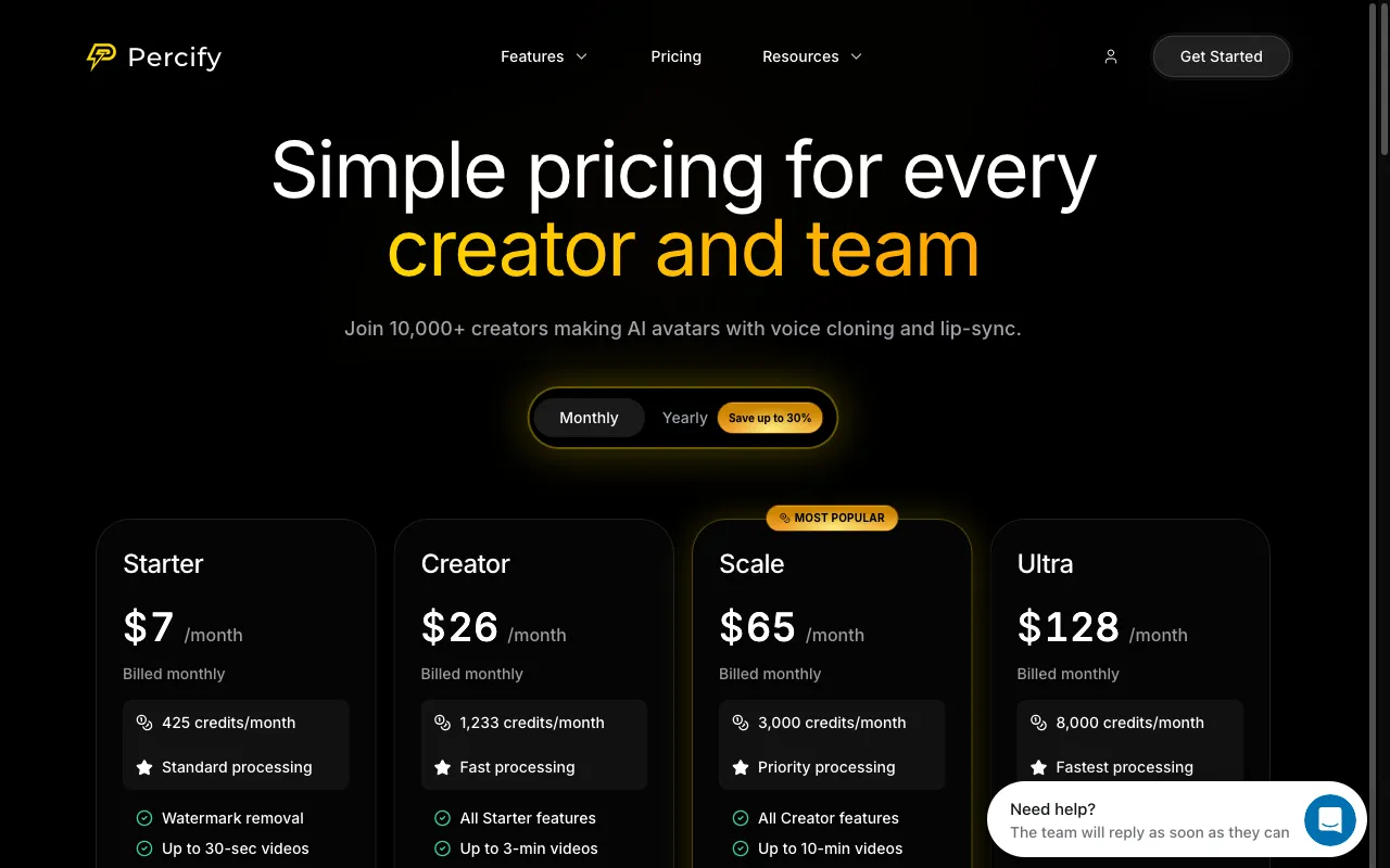 Percify — pricing page