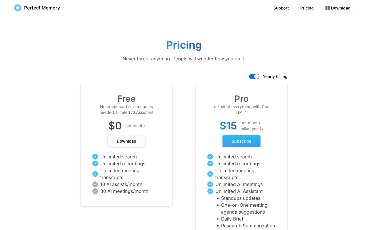 Perfect Memory AI — pricing page