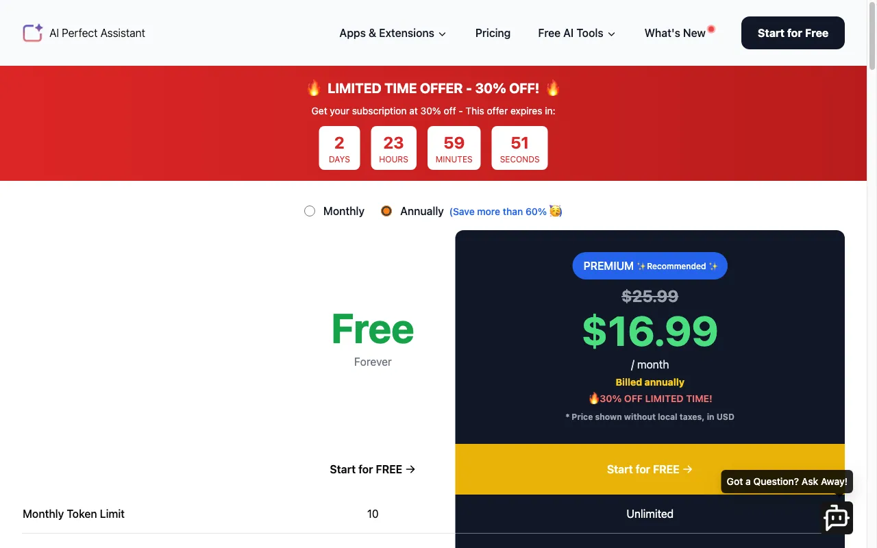 AI Perfect Assistant — pricing page