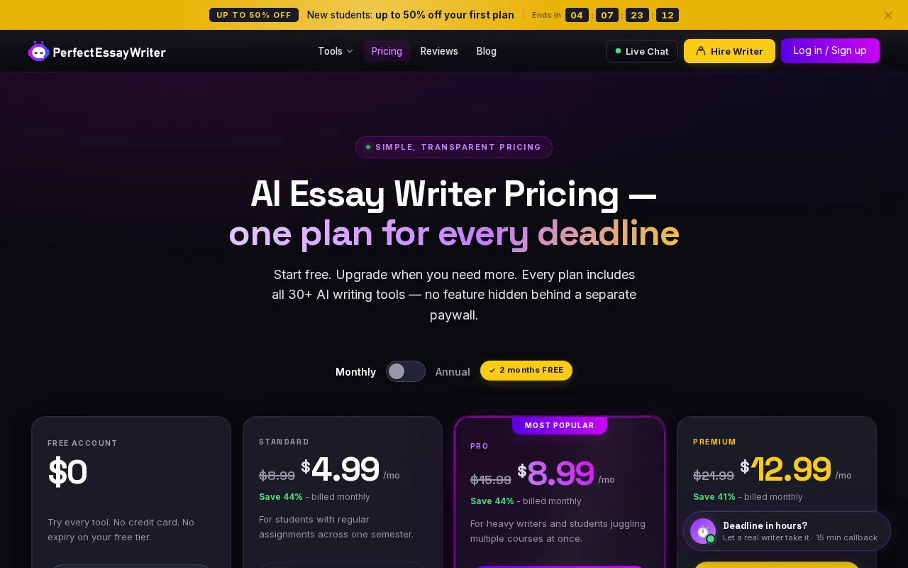 PerfectEssayWriter.ai — pricing page