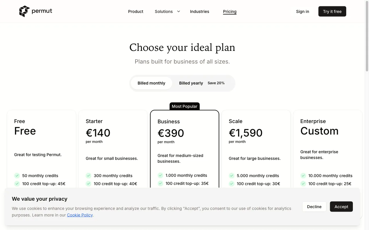 Permut — pricing page
