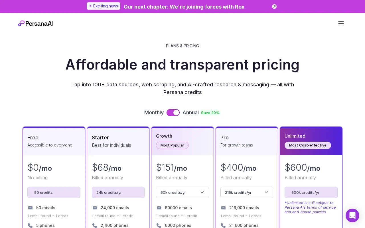 Persana AI for Prospecting — pricing page