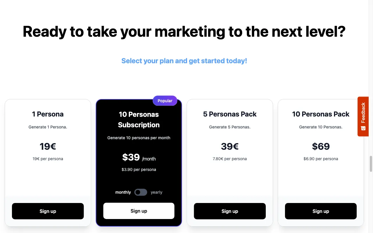 Personabuilder.co / Build your Personas — pricing page