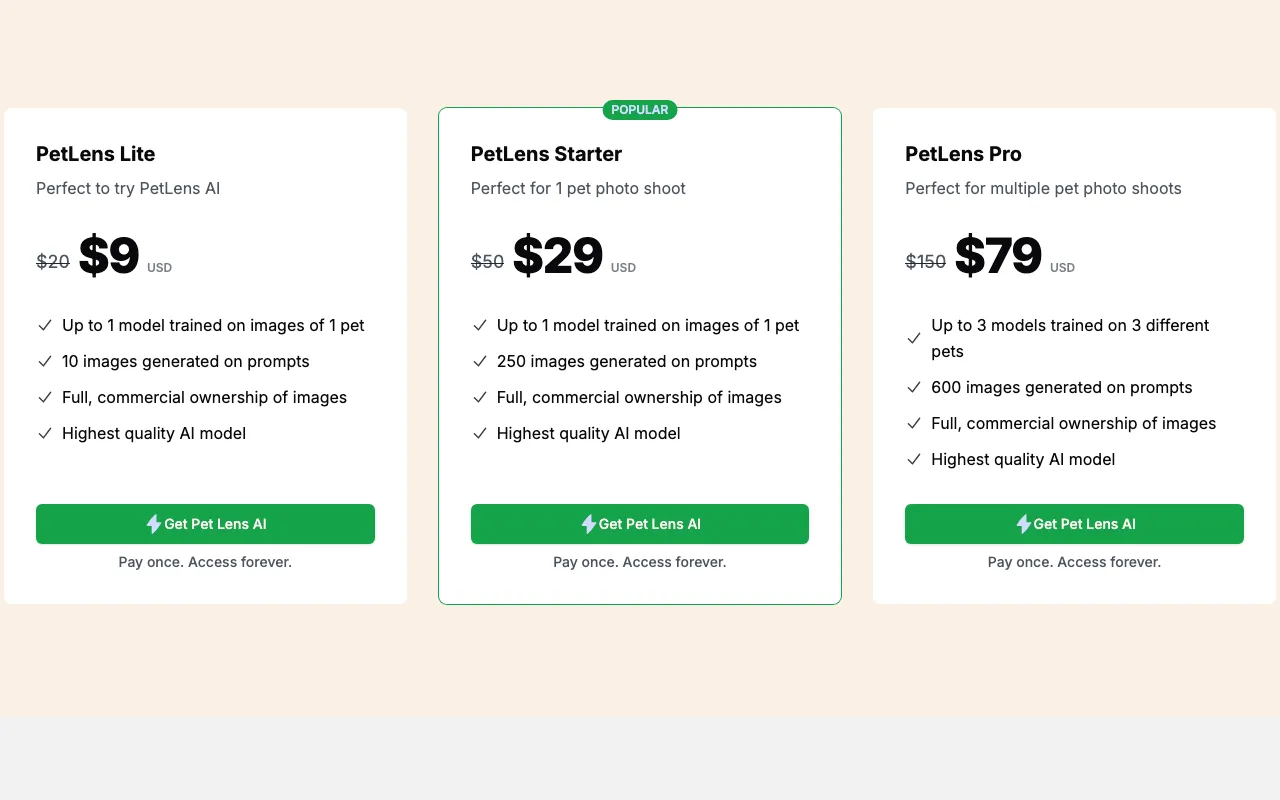 Pet Lens AI — pricing page