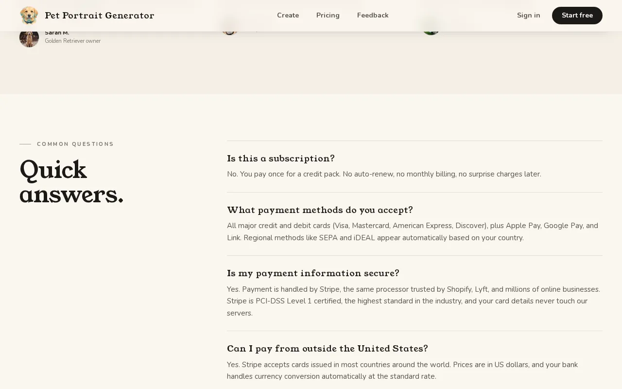 Pet Portrait Generator.com — pricing page