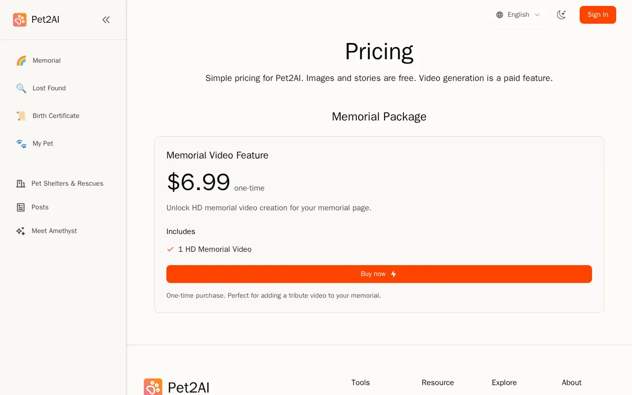 Pet2AI — pricing page