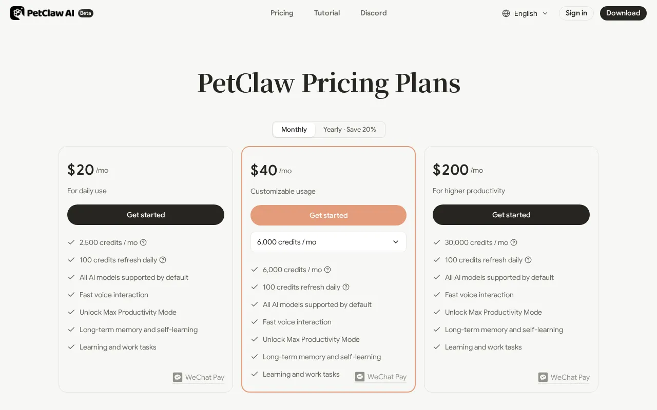 Petclaw AI — pricing page
