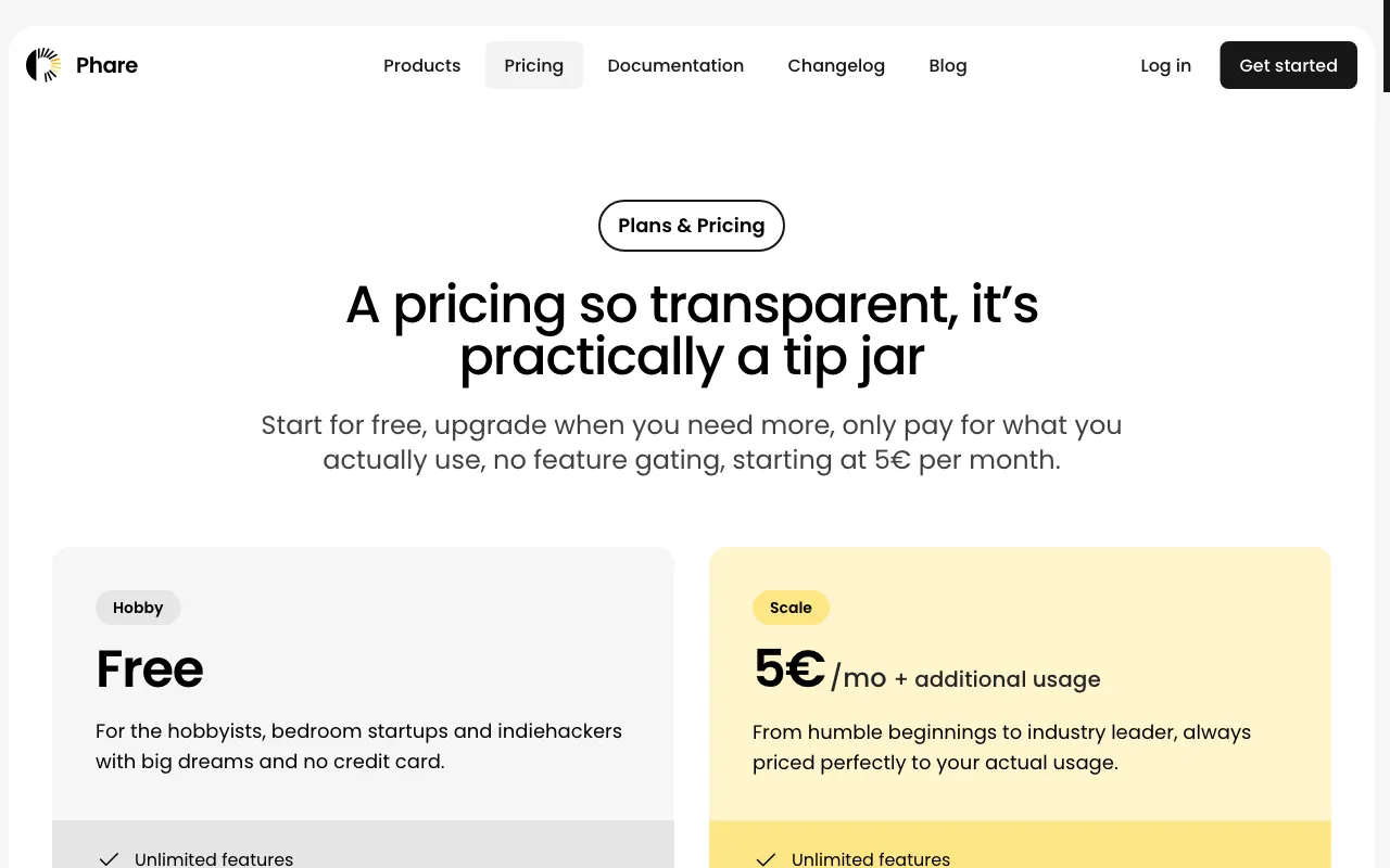 Phare — pricing page