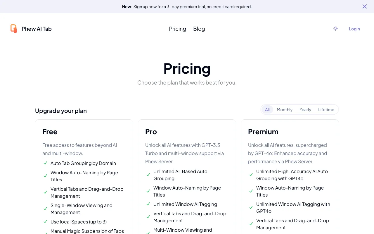 Phew AI Tab — pricing page