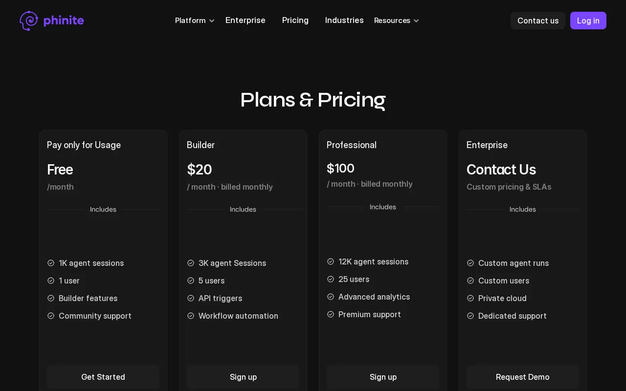 Phinite AI — pricing page