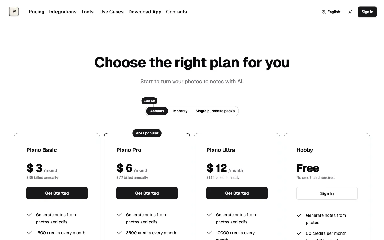AI Note Taker - Note generator from images, docs, audio | Pixno — pricing page