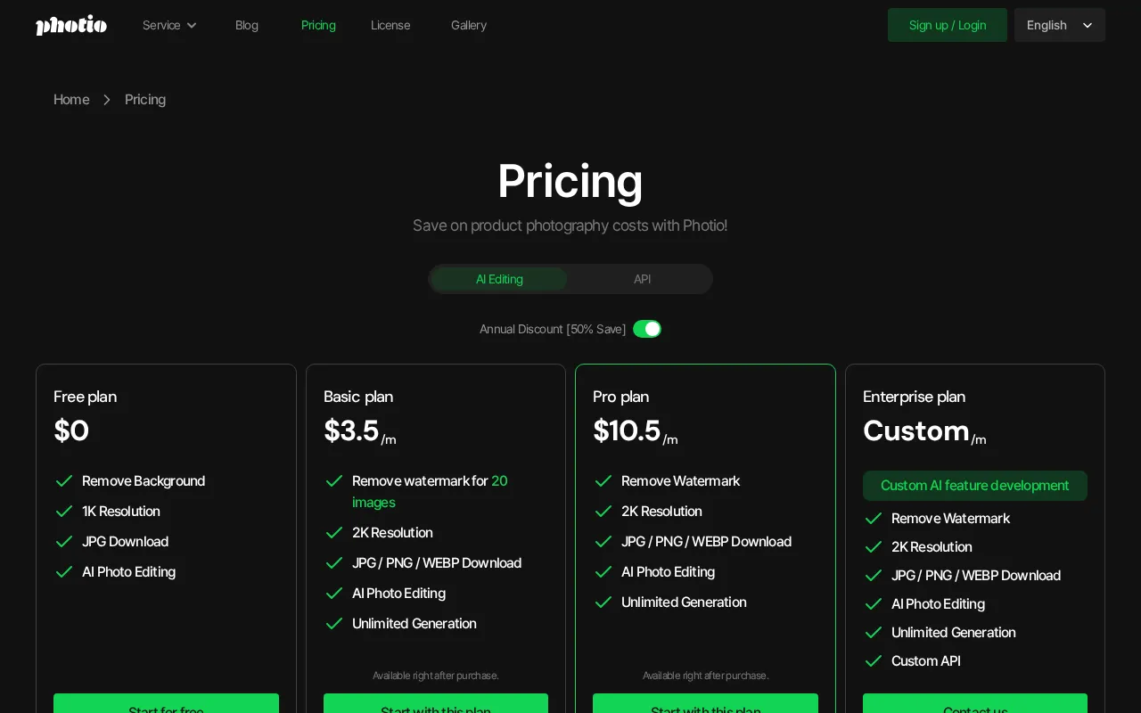 Photio AI Photographer — pricing page