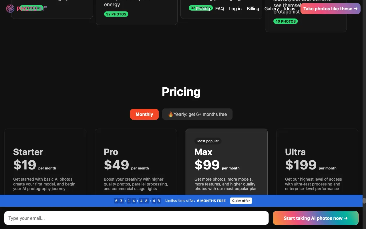 Photo AI — pricing page