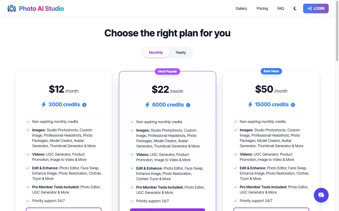 Photo AI Studio — pricing page
