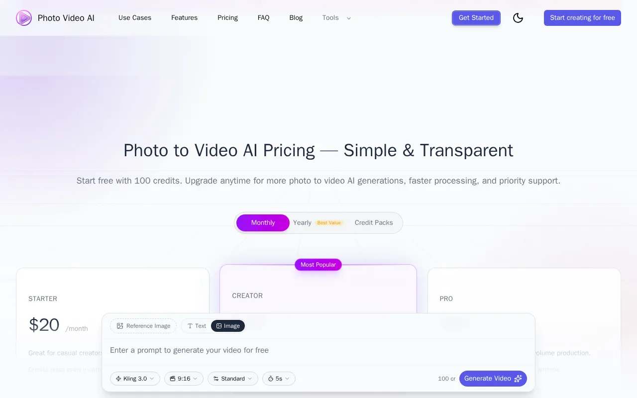 Photo AI Video Generator — pricing page