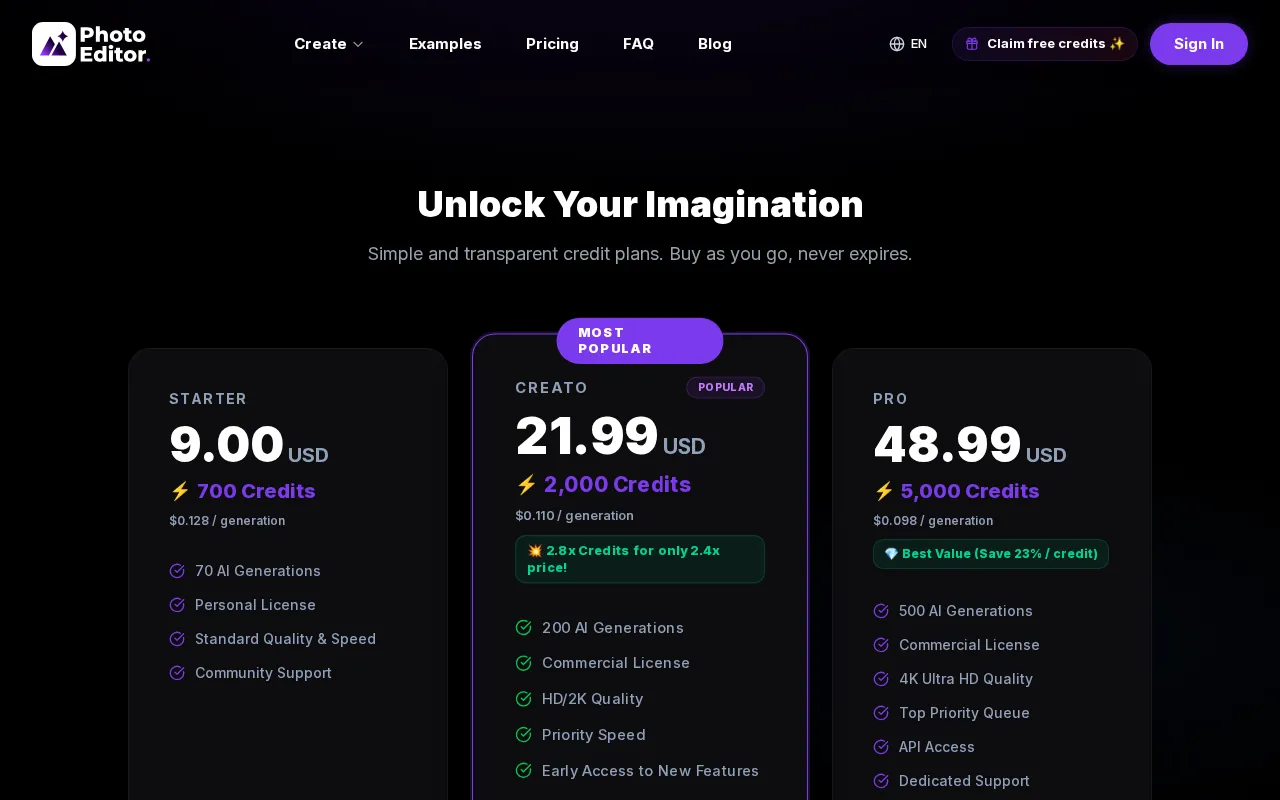 photo-editor-ai.io — pricing page