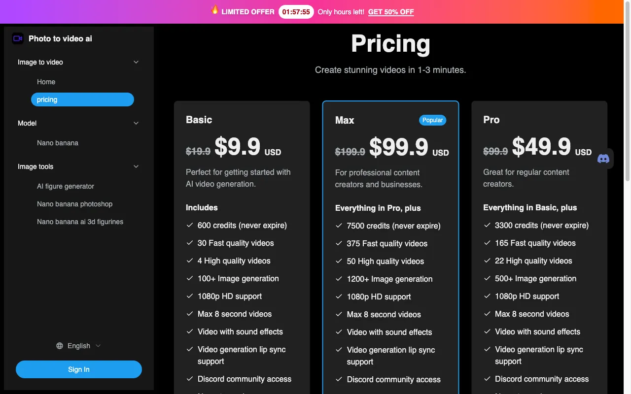 Photo to video ai — pricing page