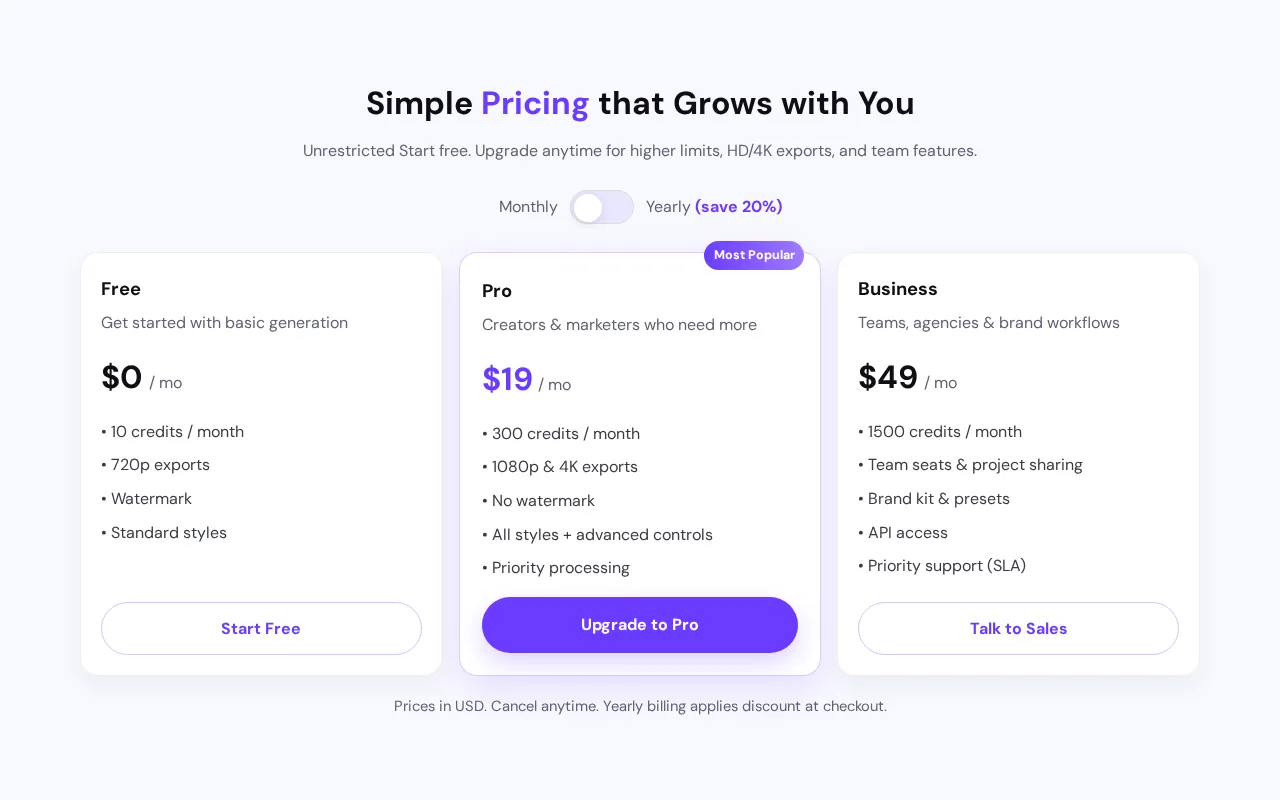 Photo-to-Video.ai — pricing page
