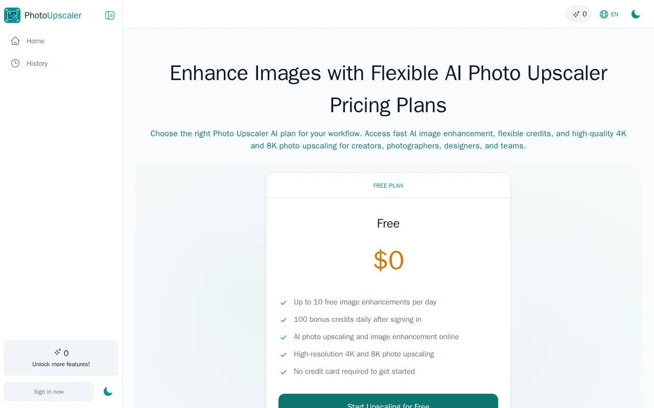 Photo Upscaler AI — pricing page