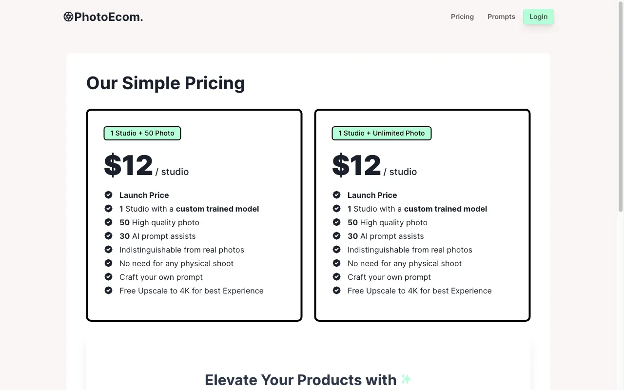 PhotoEcom — pricing page