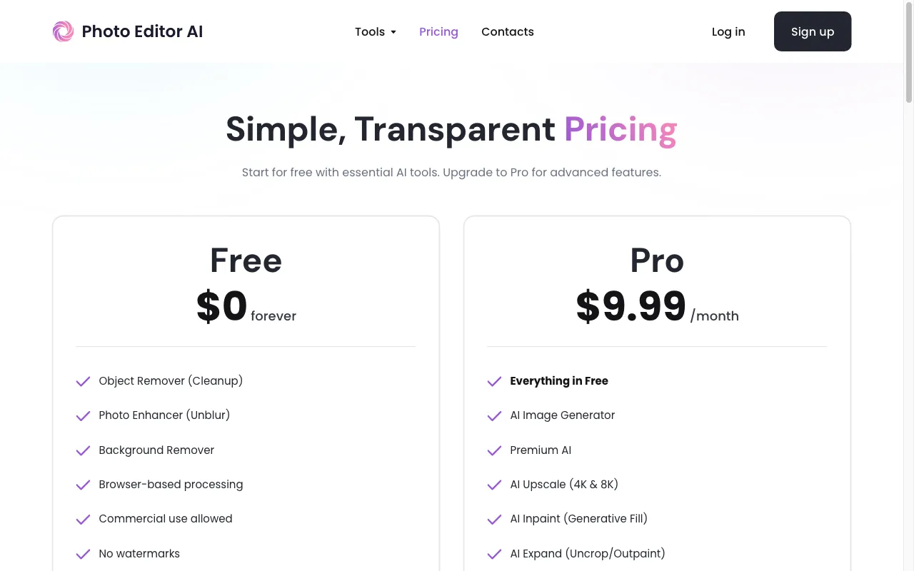 photoeditor.ai — pricing page