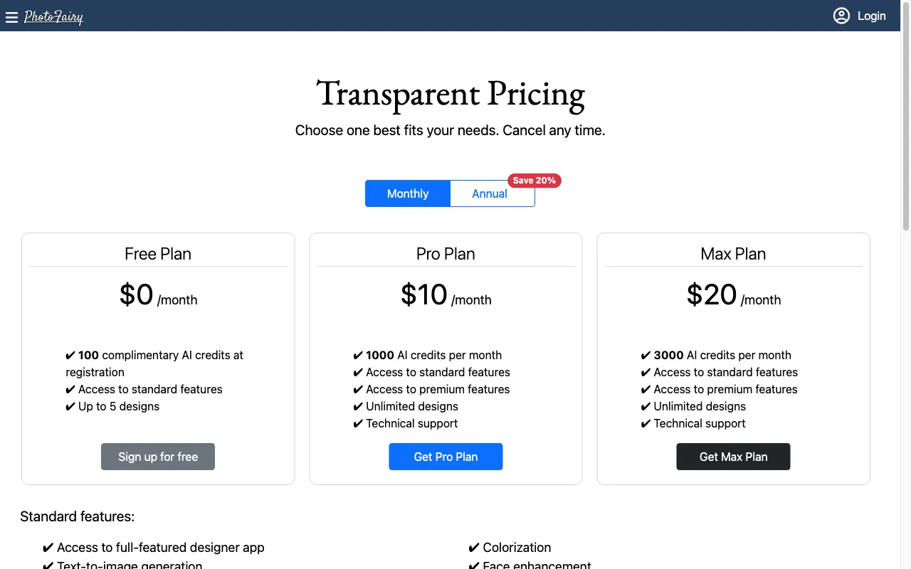 PhotoFairy — pricing page