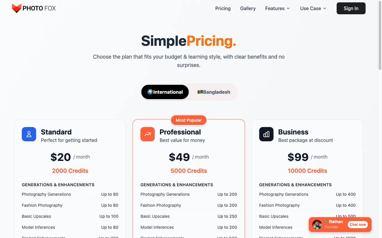 PhotoFox AI — pricing page