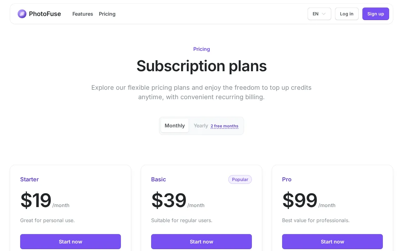 PhotoFuse — pricing page