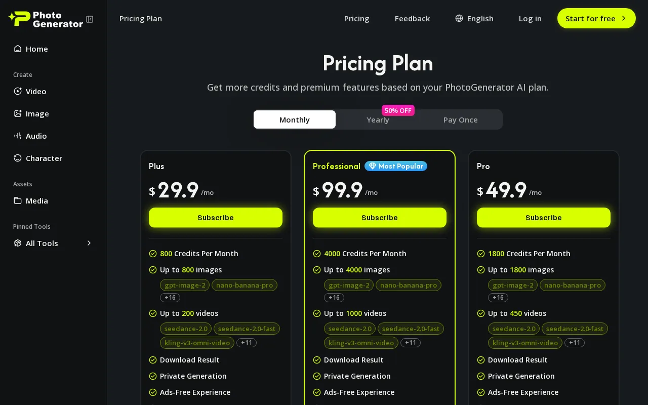 Photogenerator AI — pricing page