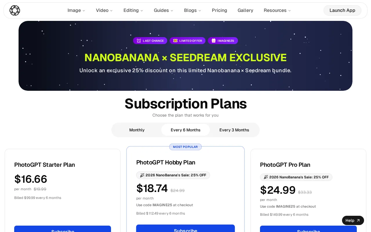 PhotoGPT — pricing page