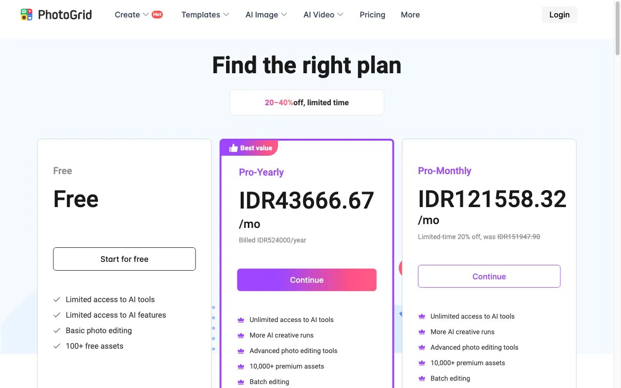 PhotoGrid — pricing page
