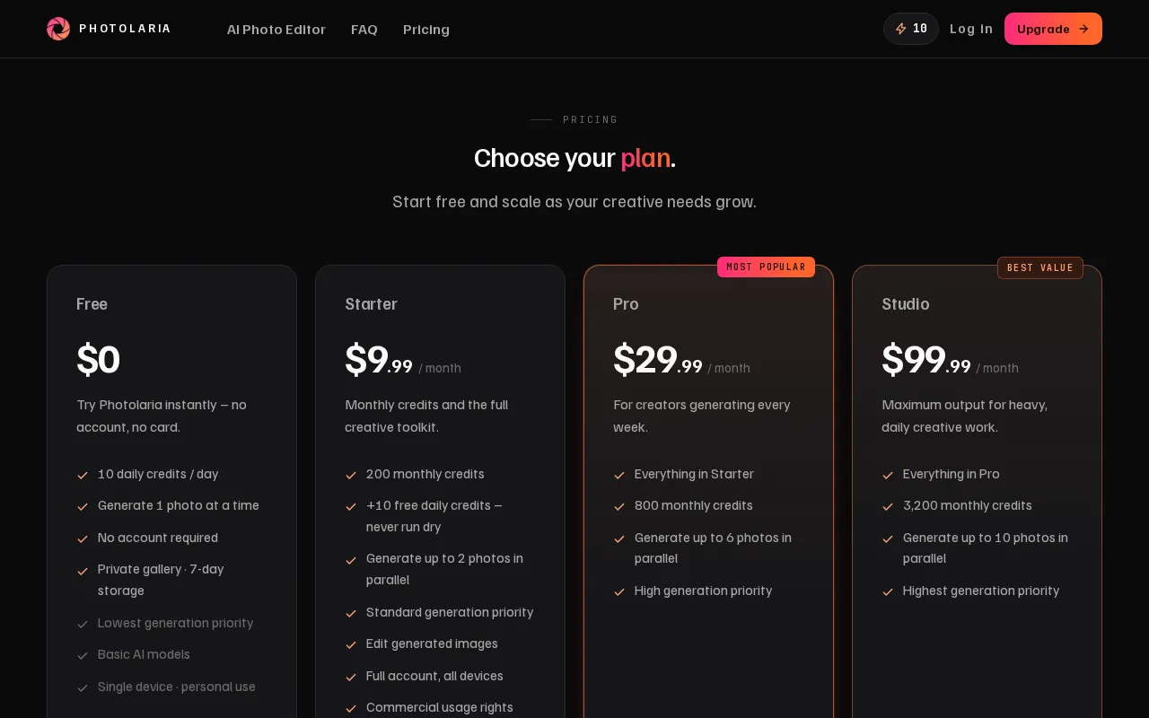 Photolaria — pricing page