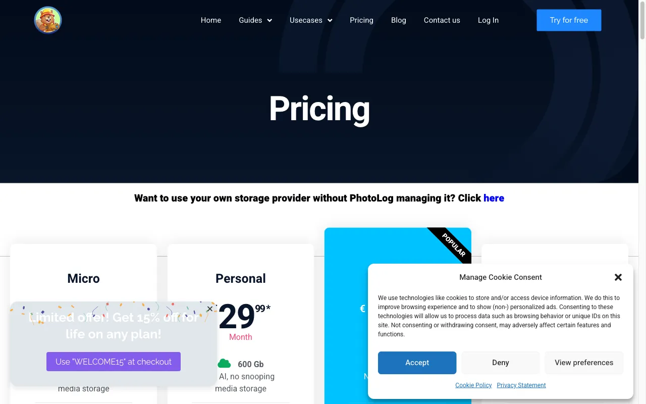 PhotoLog — pricing page