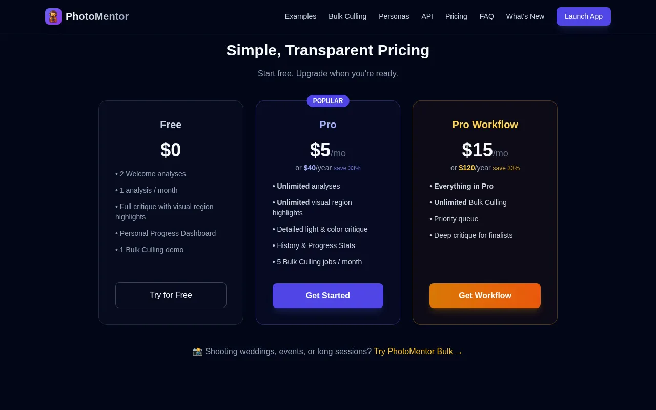PhotoMentor — pricing page