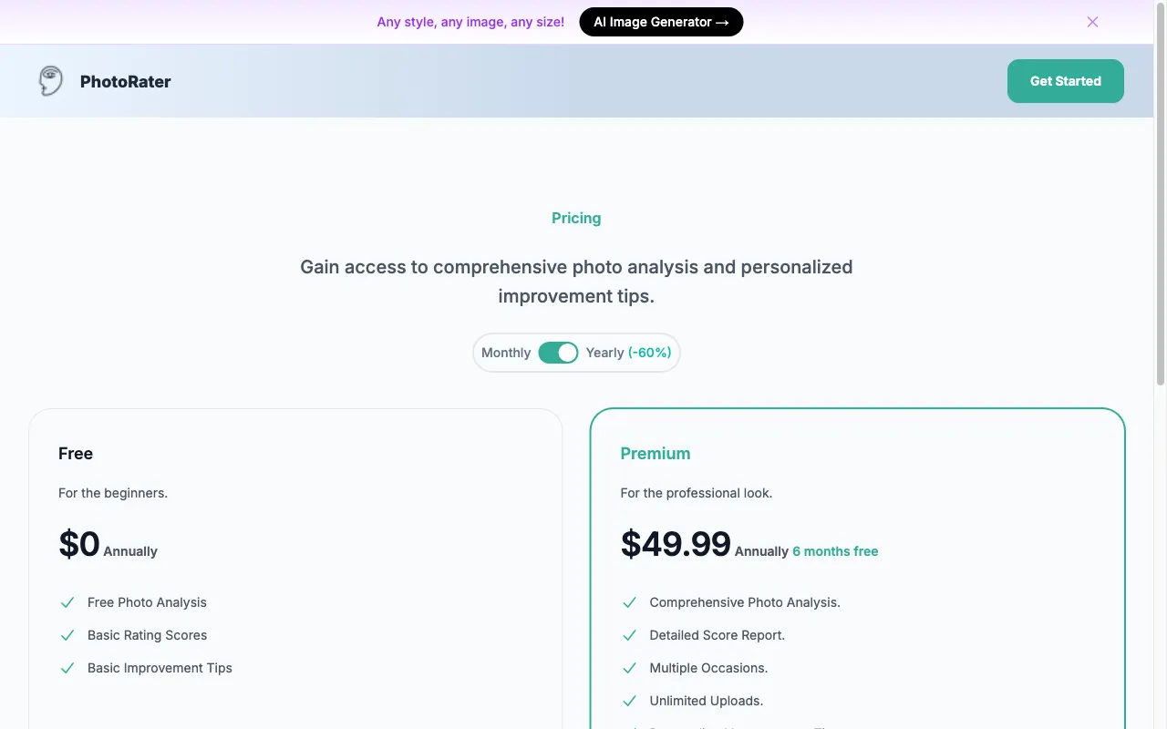 PhotoRater — pricing page