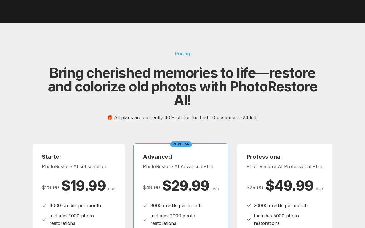 PhotoRestore AI — pricing page