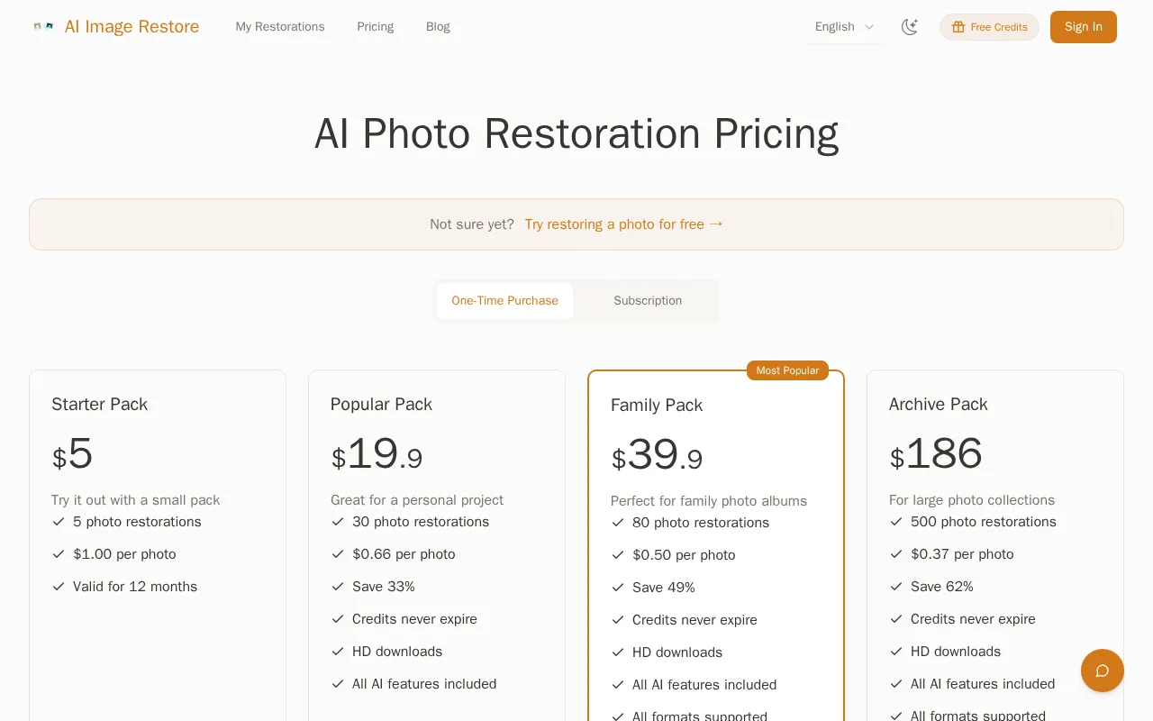 PhotoRestore.ai — pricing page