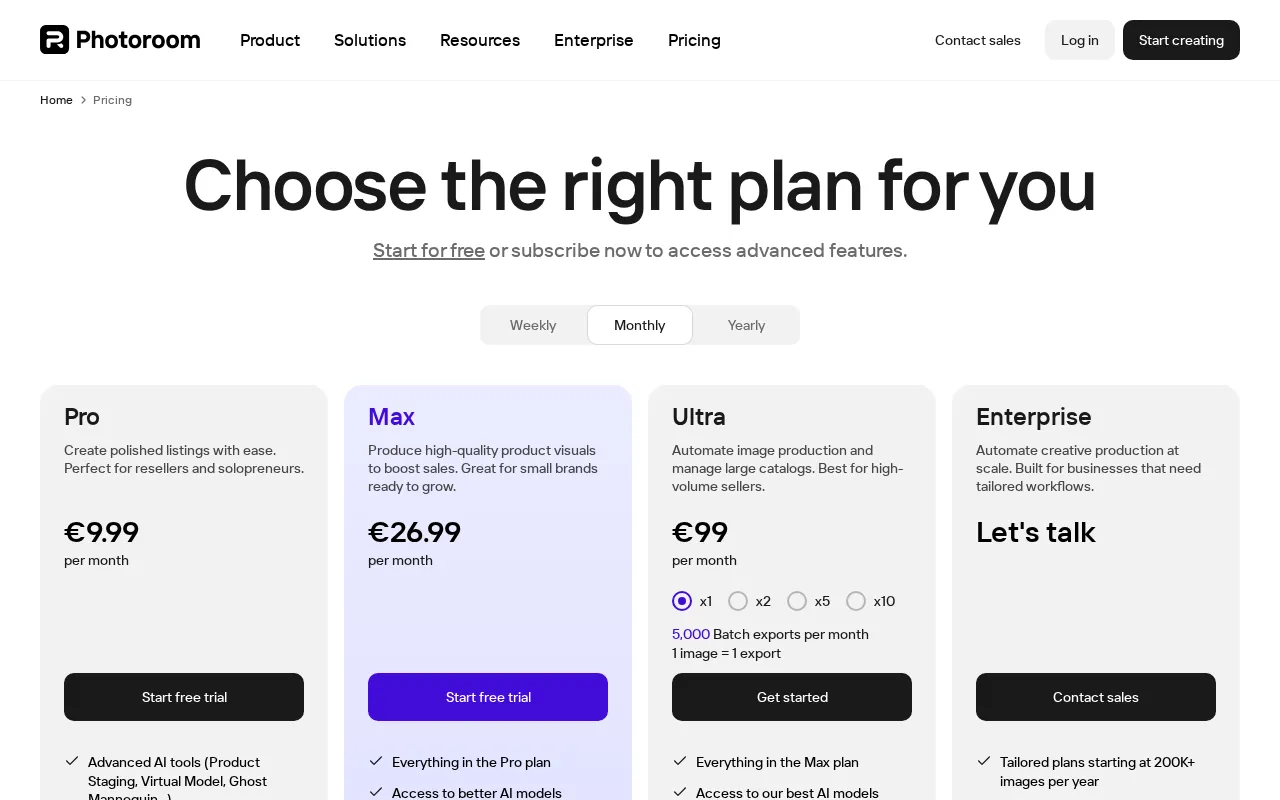 Photoroom — pricing page