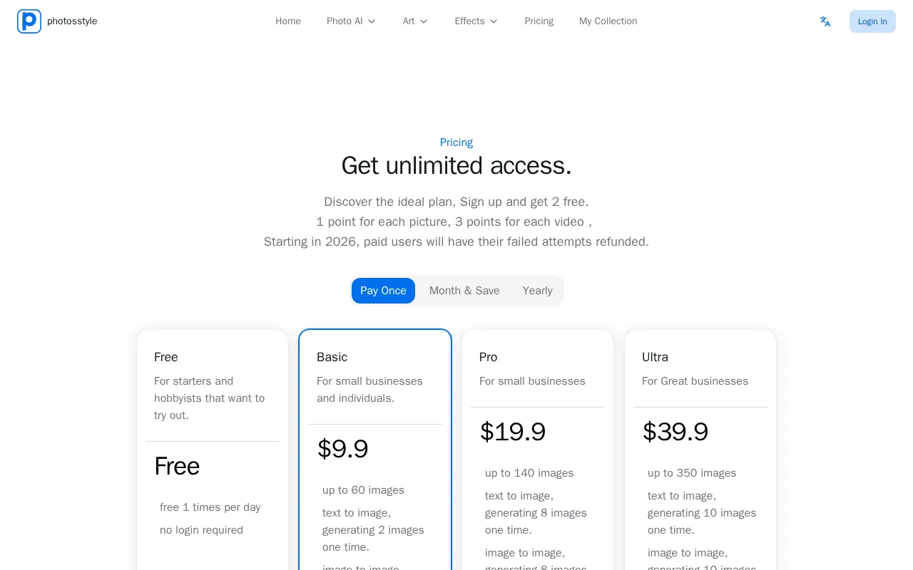 PhotosStyle — pricing page