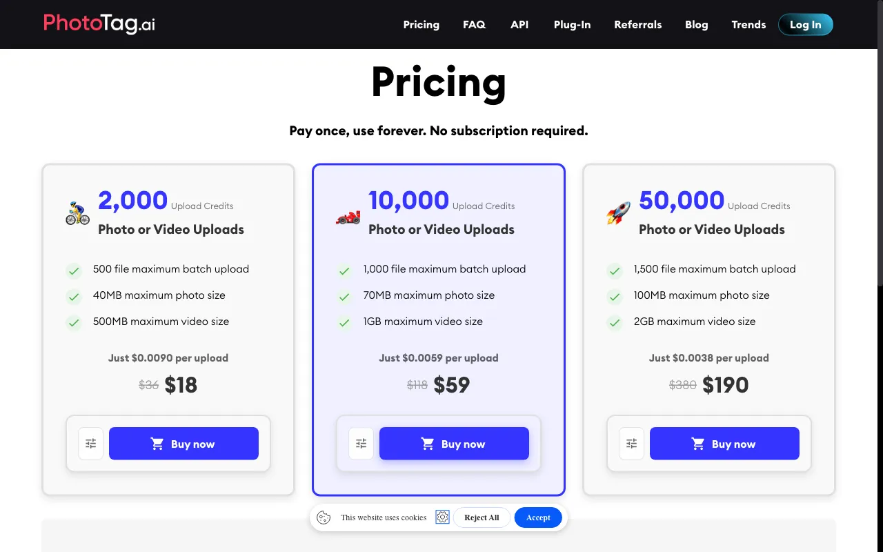 PhotoTag.ai — pricing page