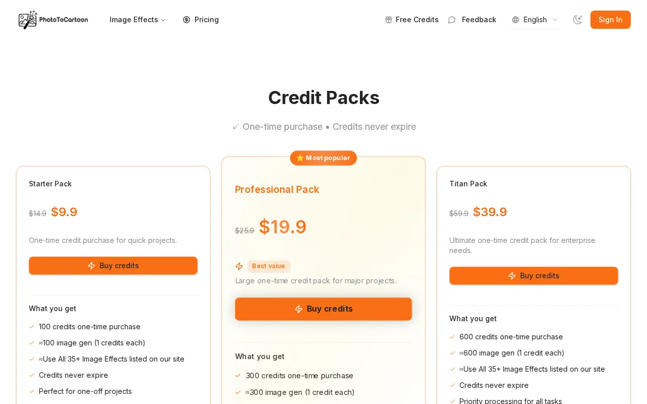 PhotoToCartoon — pricing page