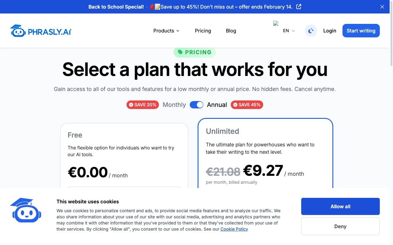Phrasly — pricing page