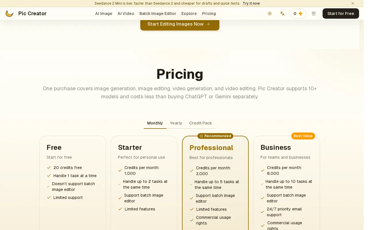 Pic Creator AI — pricing page