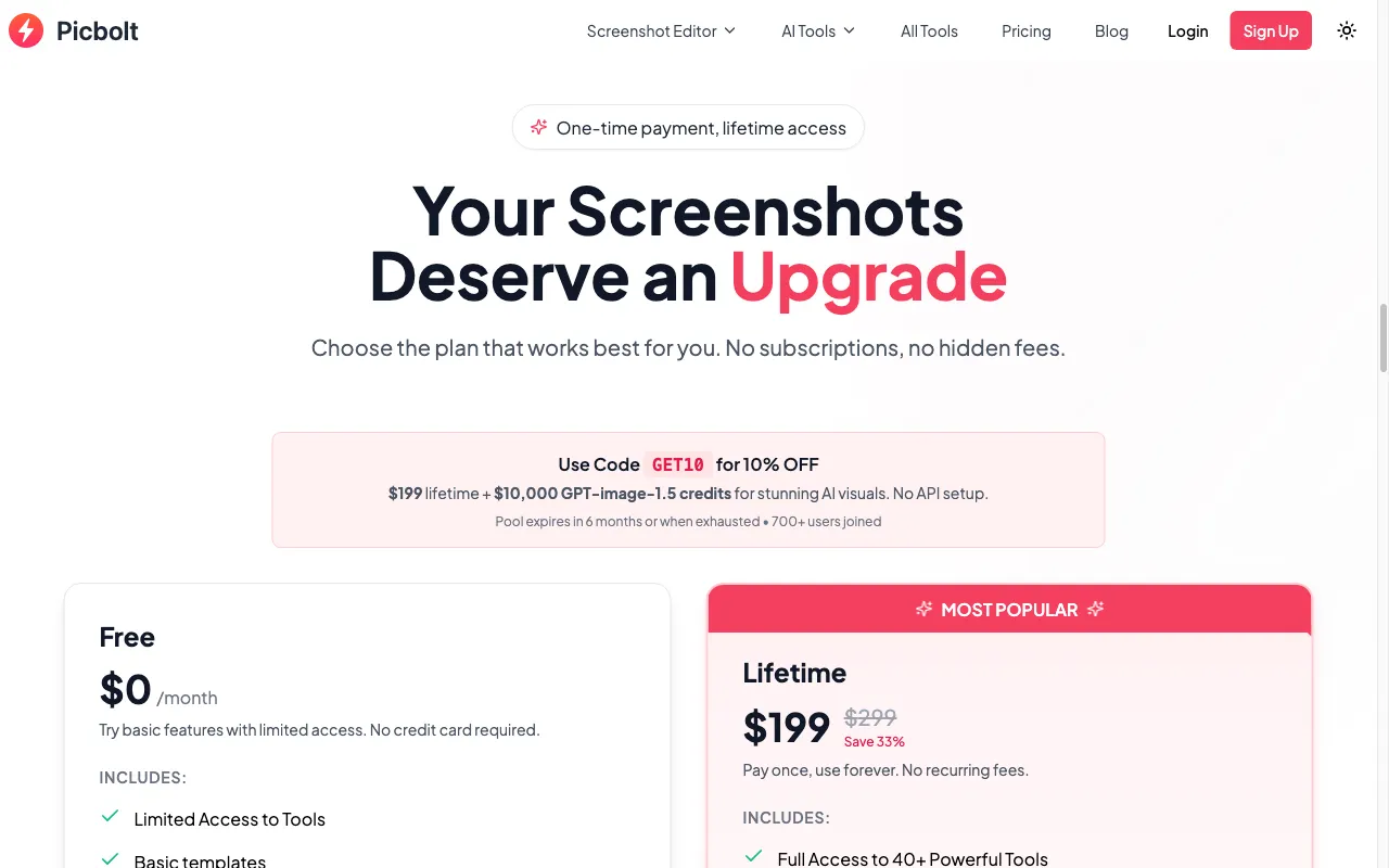 Picbolt — pricing page