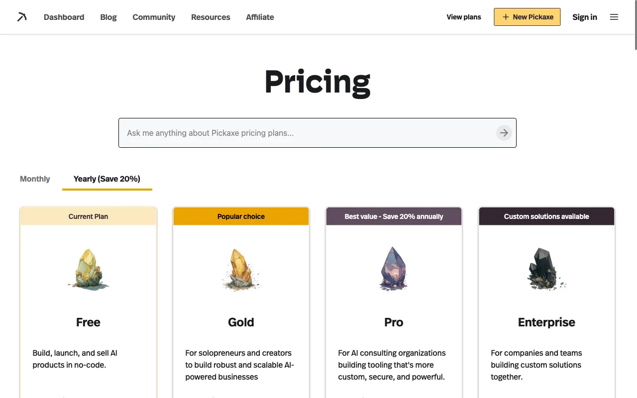 Pickaxe — pricing page