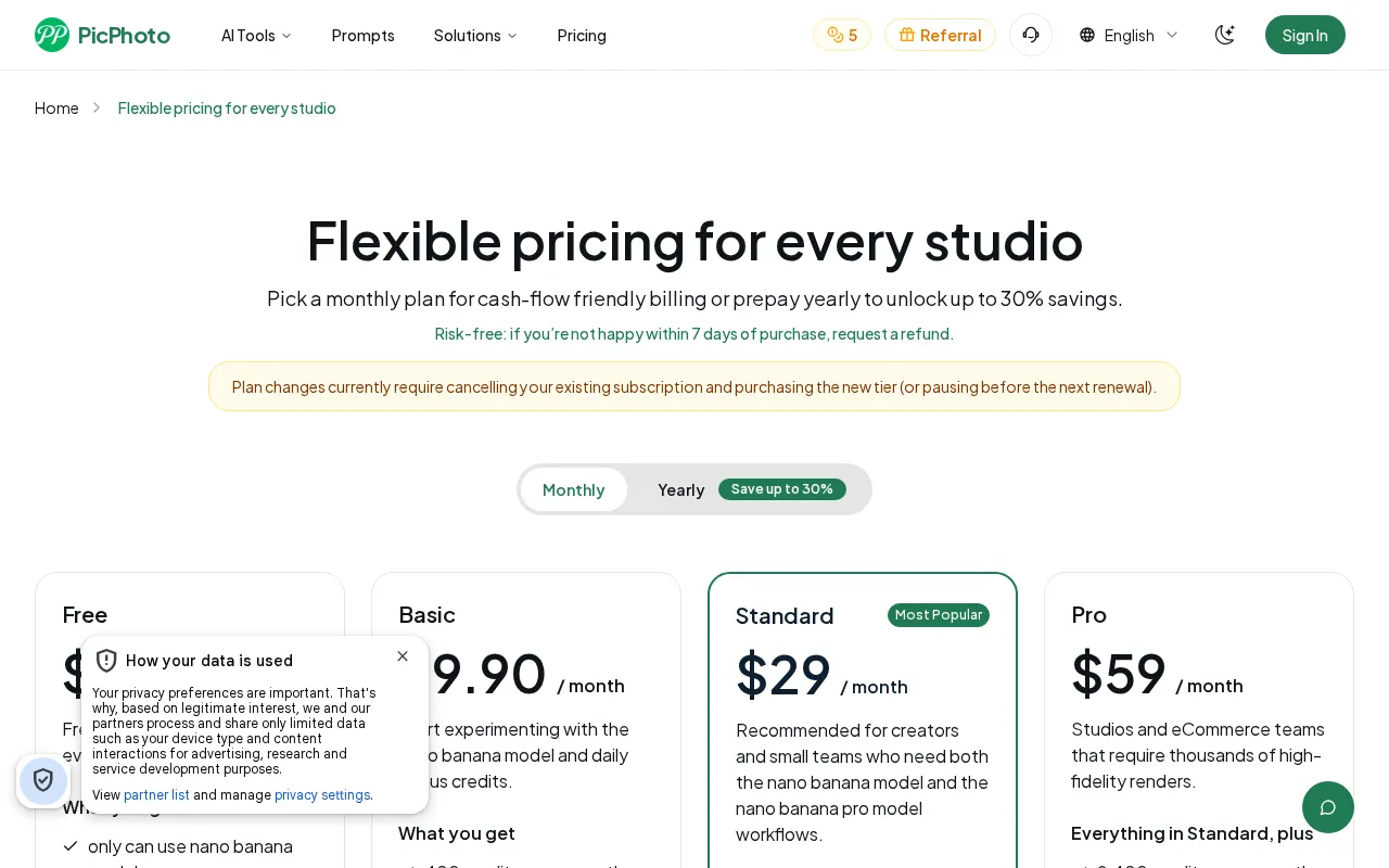 PicPhoto — pricing page