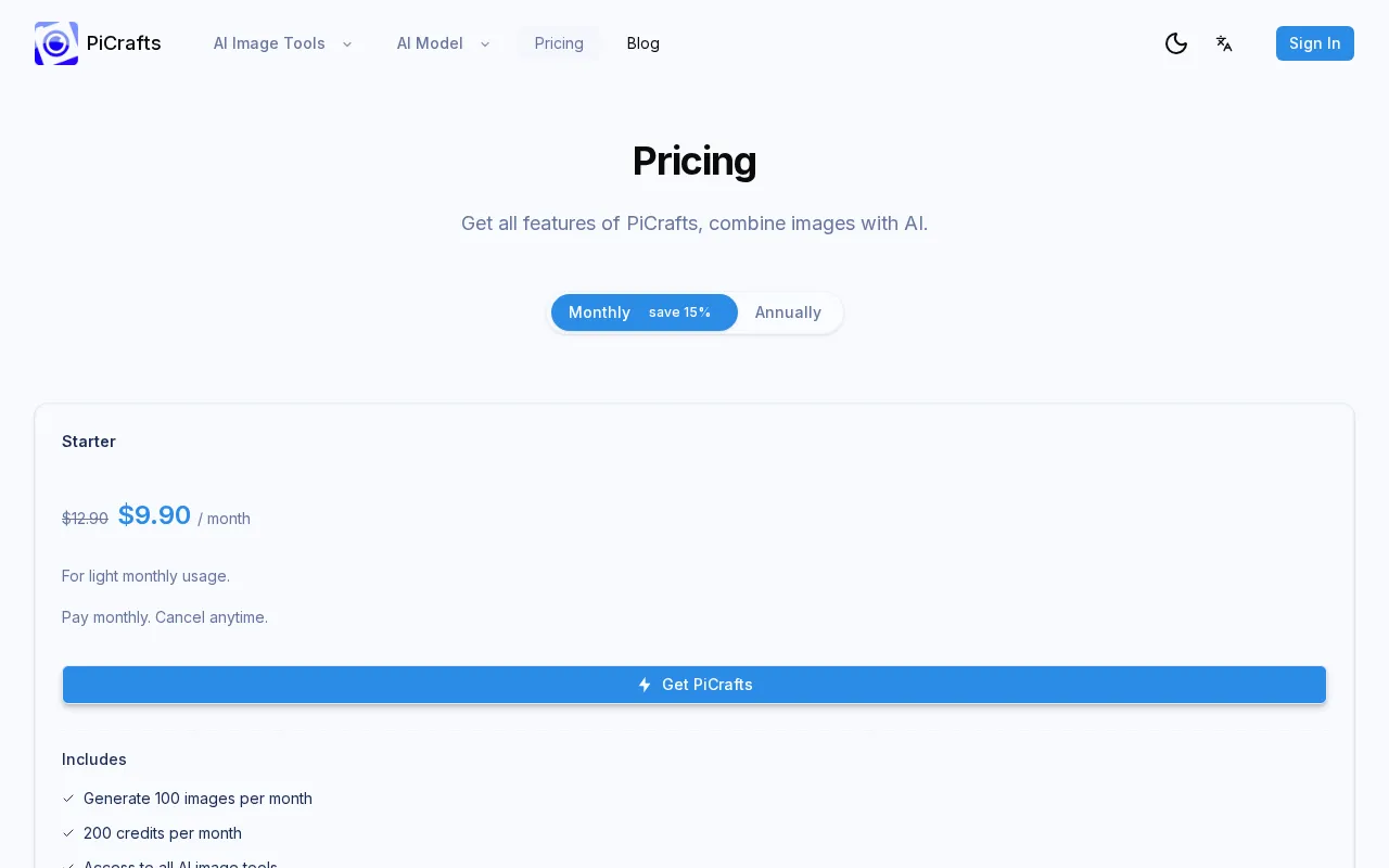 PiCrafts ai image editor — pricing page