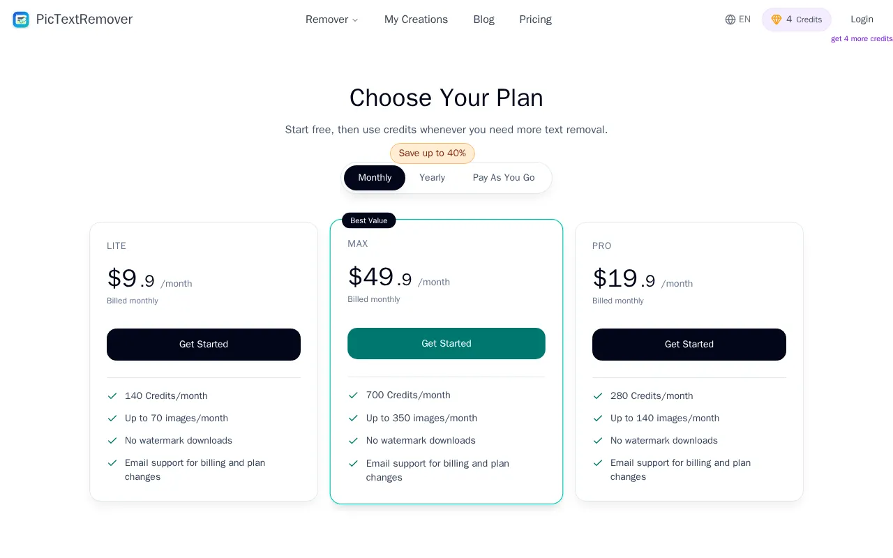 PicTextRemover — pricing page