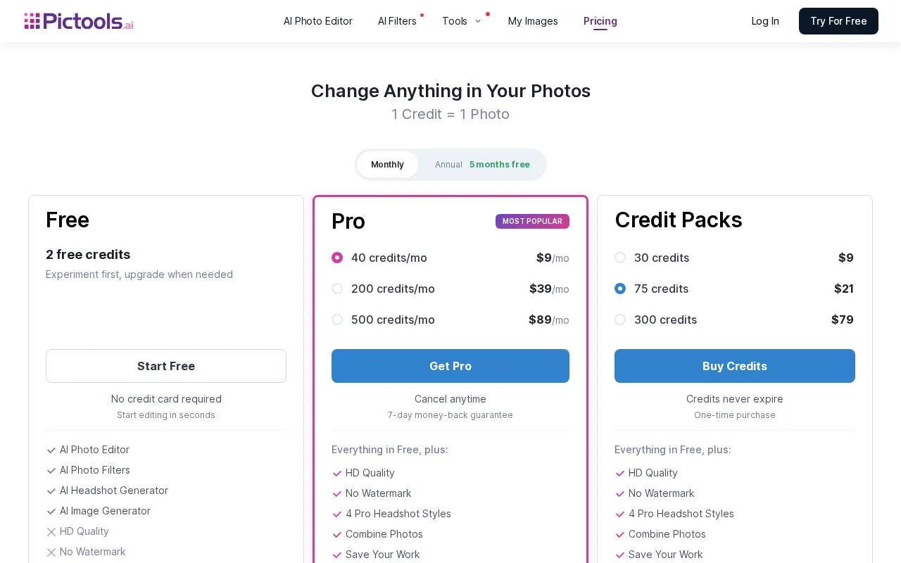 PicTools.AI — pricing page