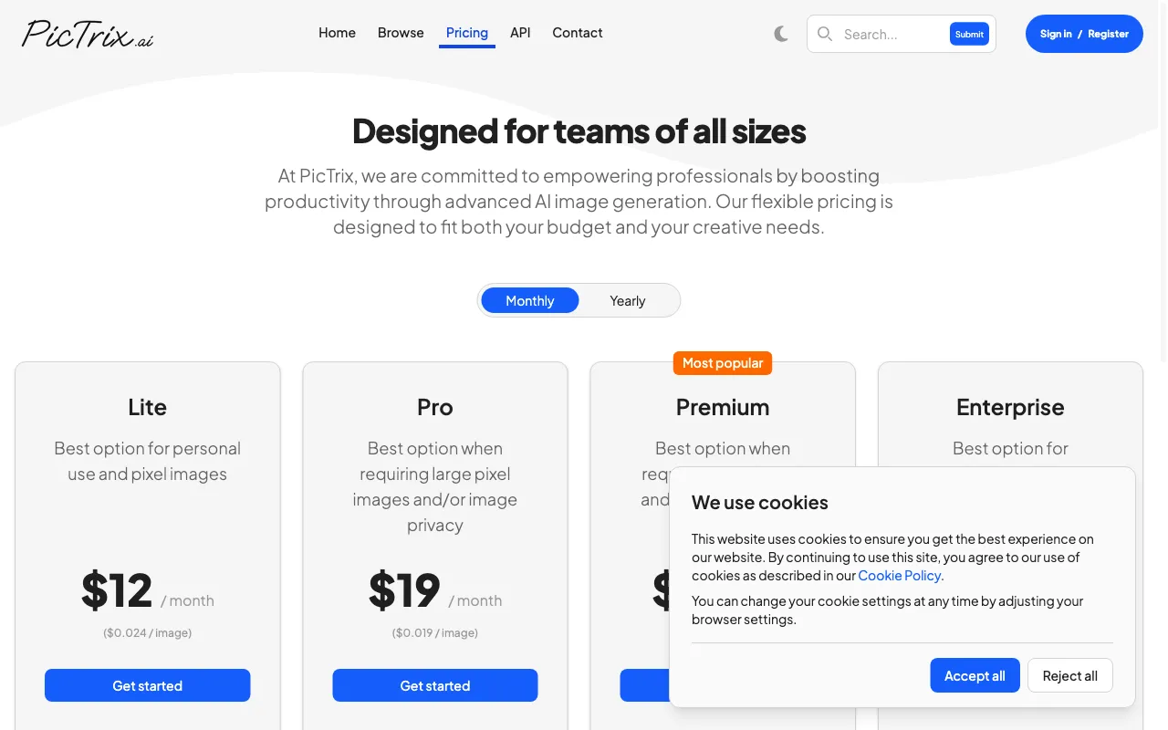 PicTrix.ai — pricing page